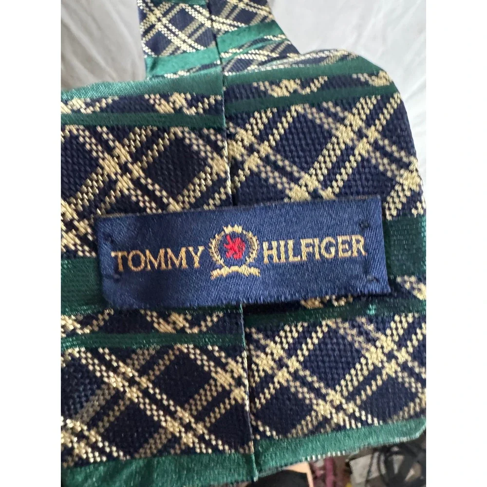 Tommy Hilfiger Mens Green Navy Gold Plaid Italian Silk Necktie Made in USA
